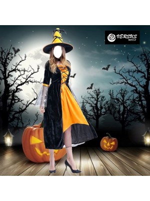 Strega Vestito Carnevale Arancio Nero Halloween Cosplay Witch Costume STREGA012